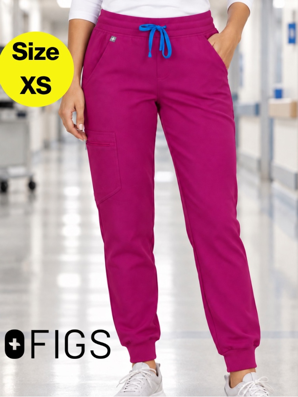 FIGS 🩺 Women's Magenta Pink Jogger Scrub Pants, Blue Drawstring (Size X-Small)